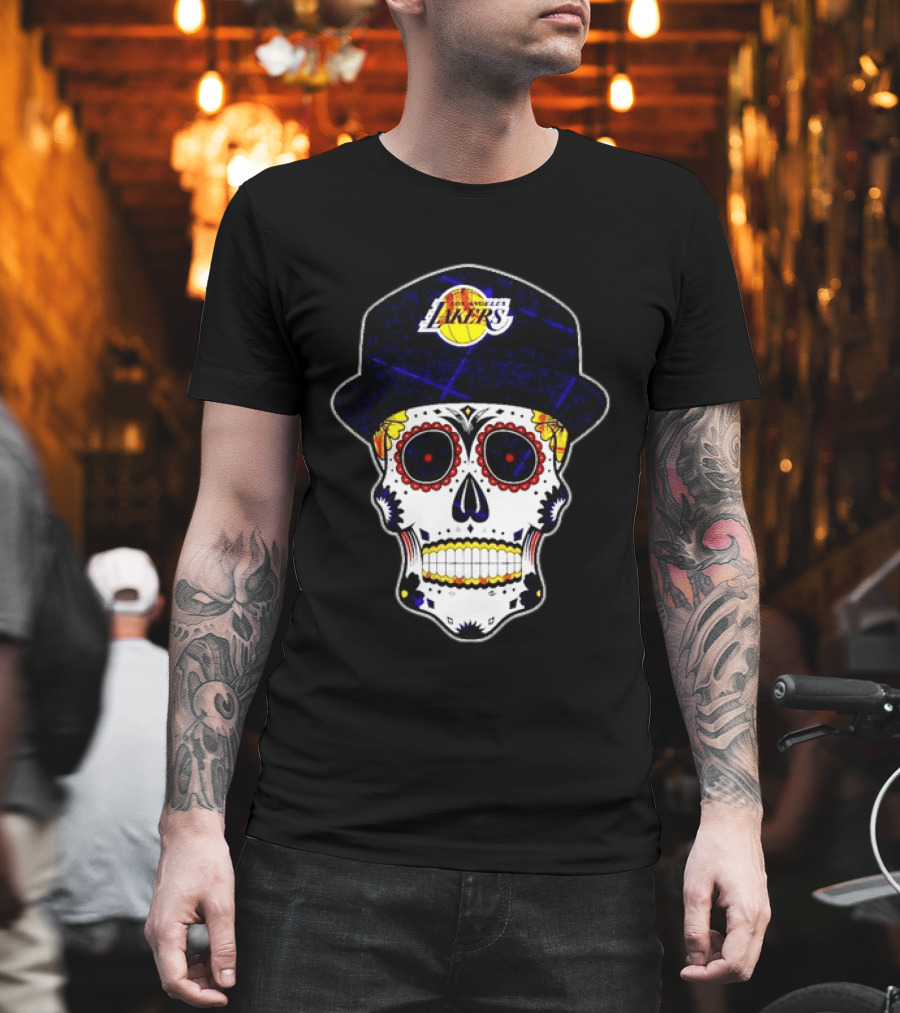 Los Angeles Lakers Sugar Skull Día De Muertos Hat Butterfly T-Shirt