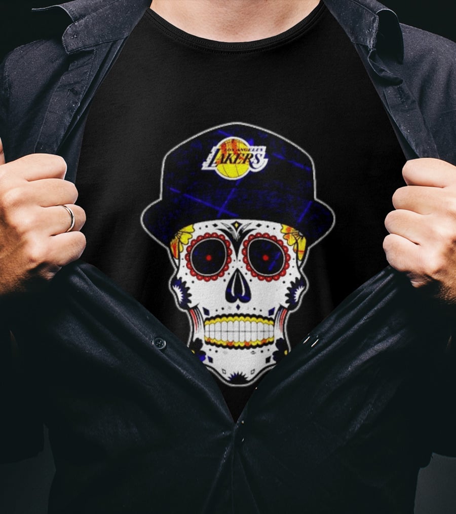 Los Angeles Lakers Sugar Skull Día De Muertos Hat Butterfly T-Shirt