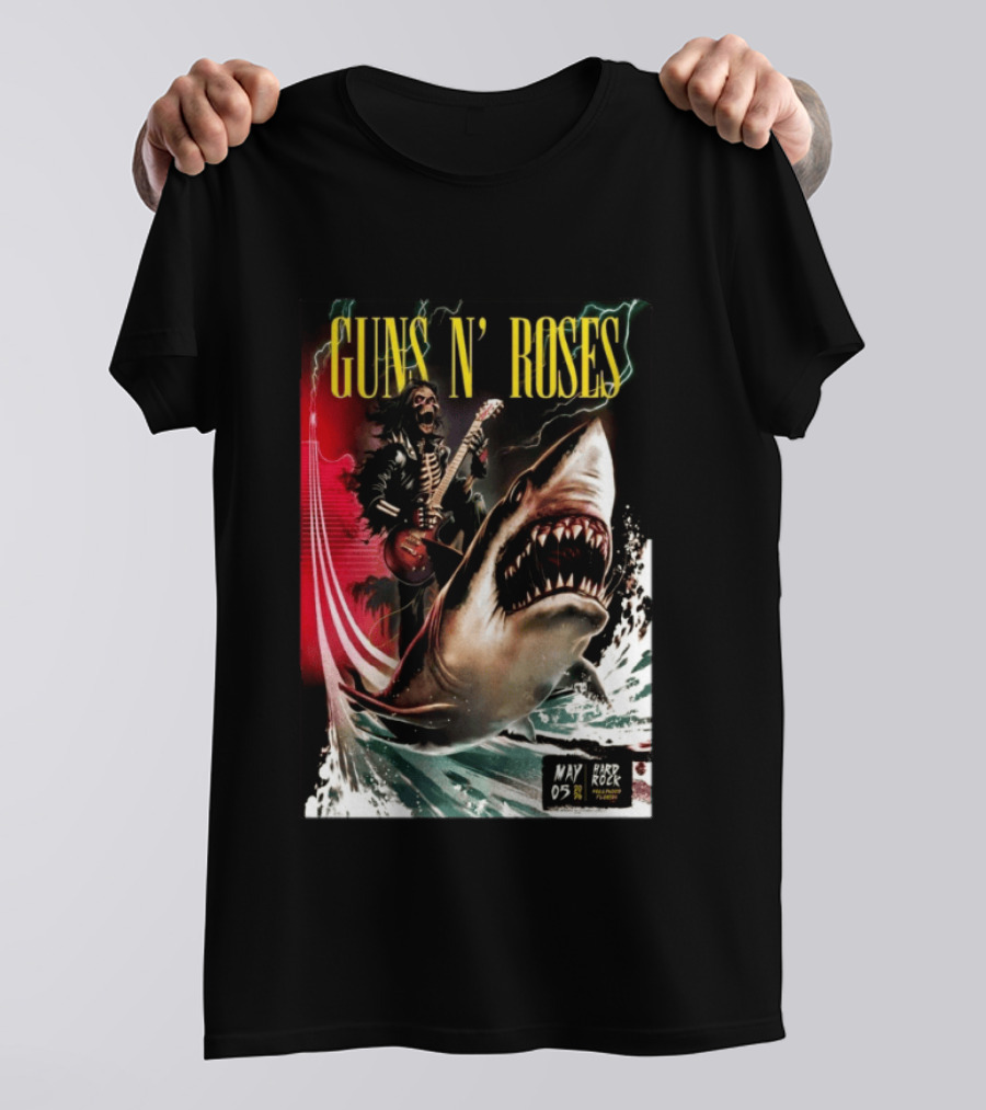 Guns N' Roses May 05 2026 Hard Rock Live Hollywood Concert Skeleton Guitarist Shark Wave T-Shirt