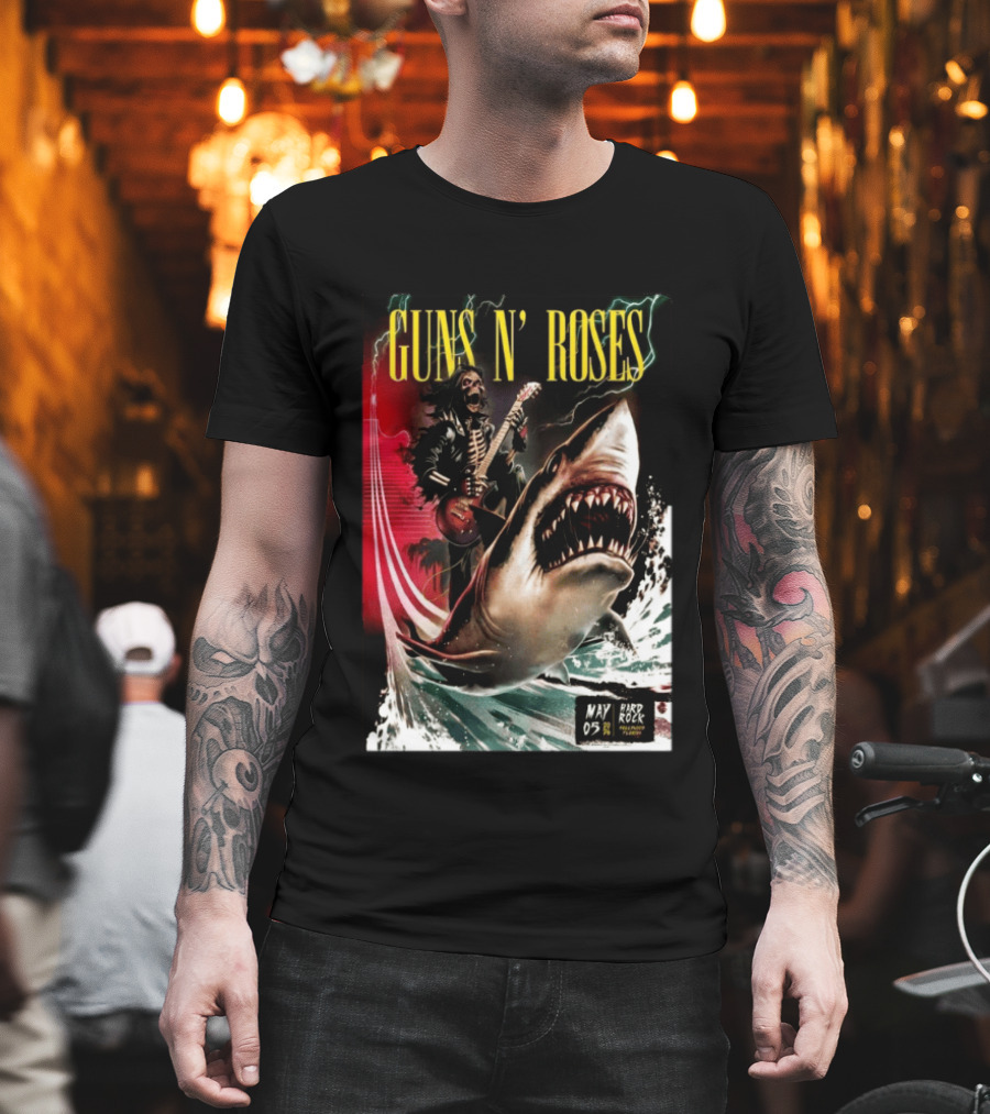 Guns N' Roses May 05 2026 Hard Rock Live Hollywood Concert Skeleton Guitarist Shark Wave T-Shirt