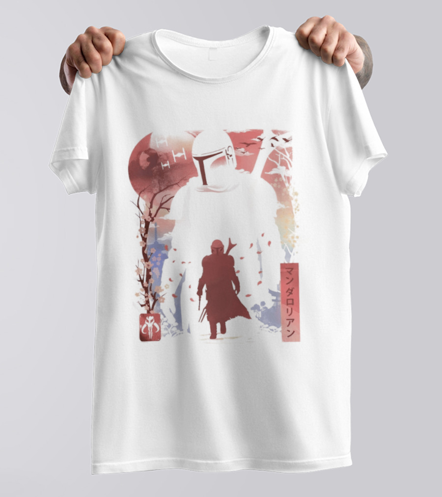 Lone Gunfighter Mandalorian Creed Japanese Text Star Wars Art Red Blue Yellow T-Shirt