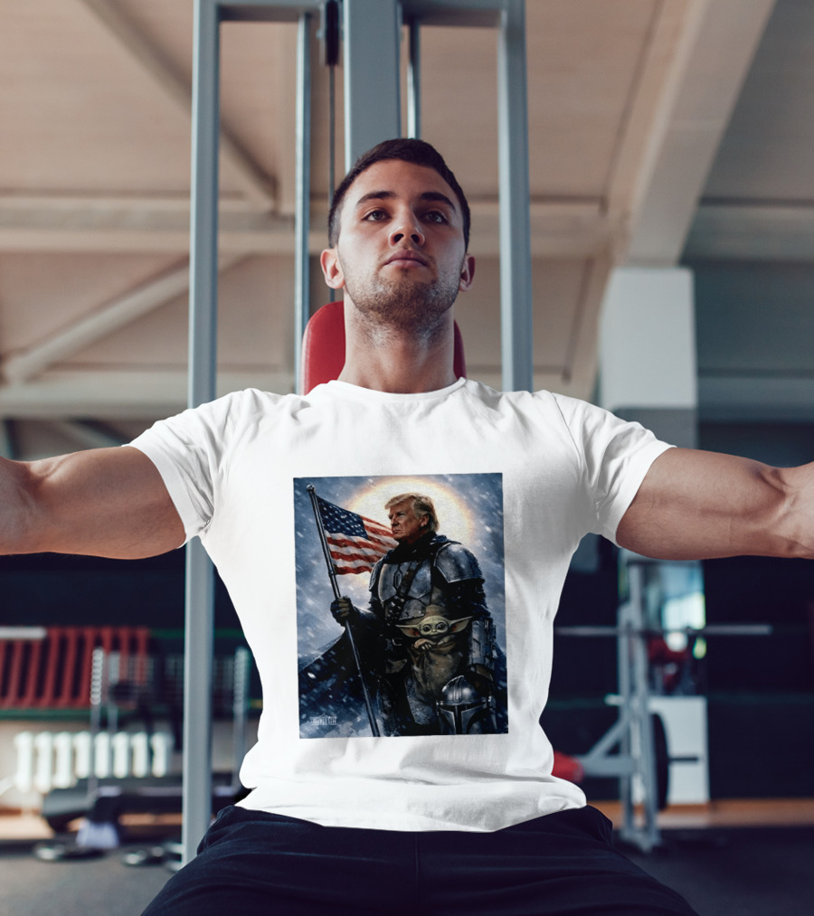 Donald Trump As The Mandalorian Holding American Flag With Grogu Star Wars T-Shirt
