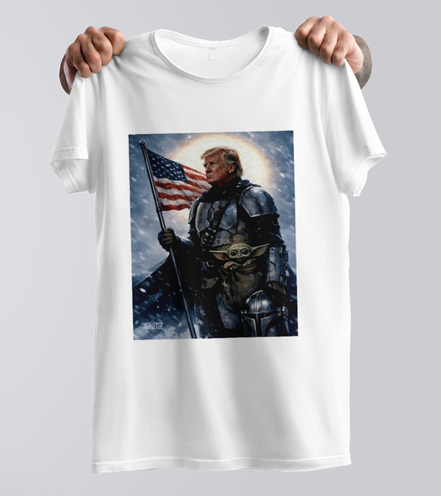 Donald Trump As The Mandalorian Holding American Flag With Grogu Star Wars T-Shirt