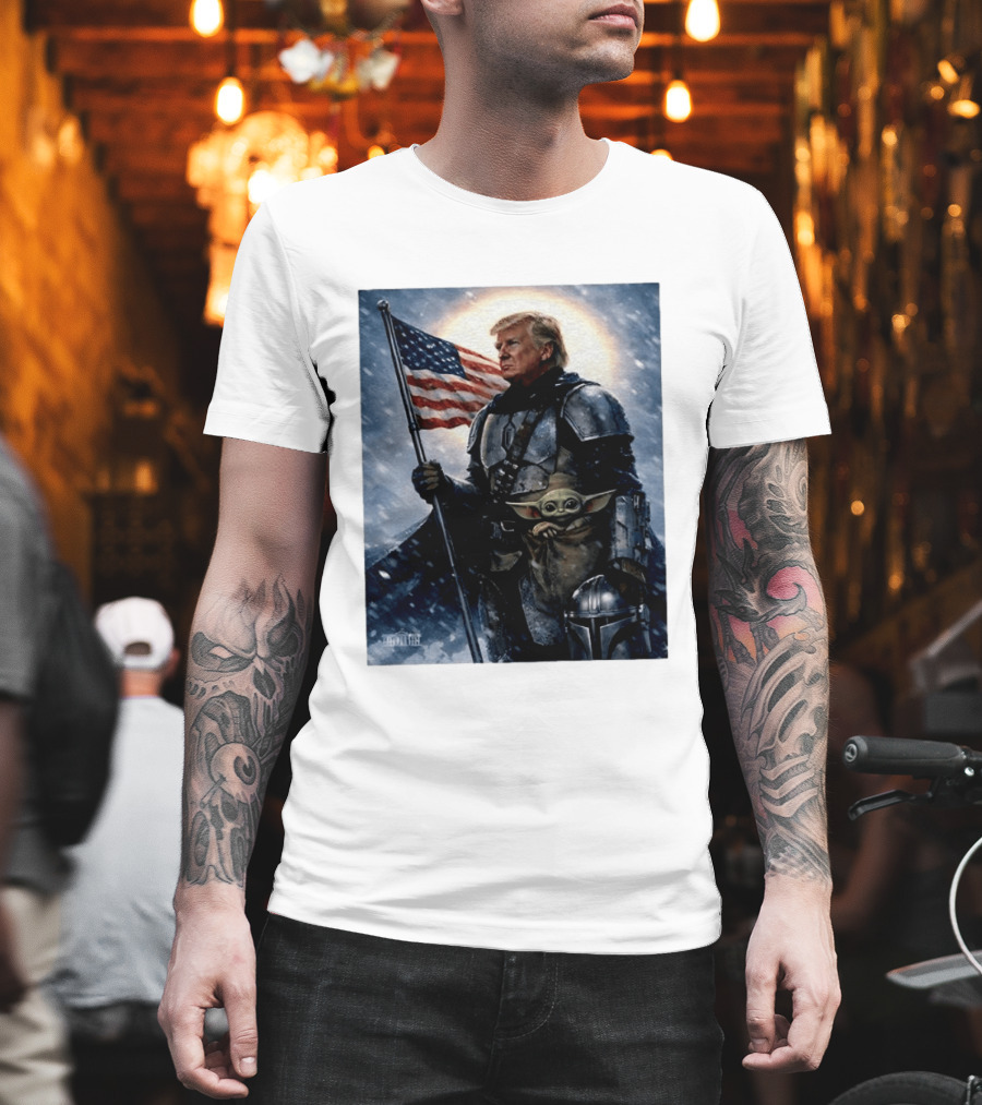 Donald Trump As The Mandalorian Holding American Flag With Grogu Star Wars T-Shirt