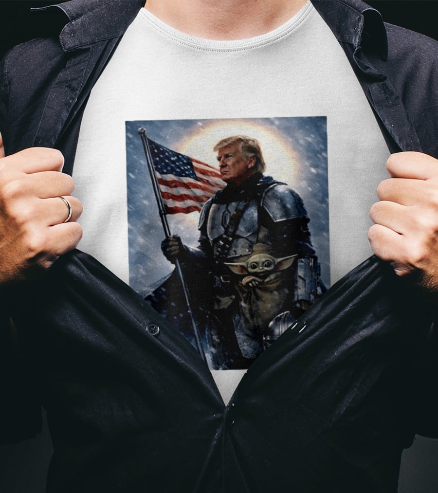 Donald Trump As The Mandalorian Holding American Flag With Grogu Star Wars T-Shirt