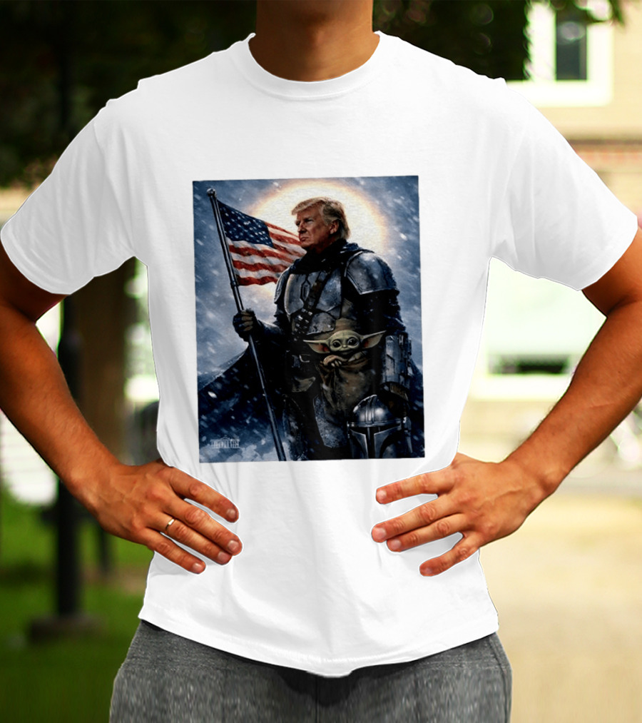 Donald Trump As The Mandalorian Holding American Flag With Grogu Star Wars T-Shirt
