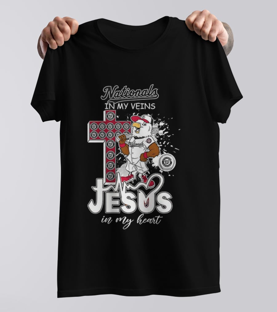 Nationals In My Veins Jesus In My Heart Baseball Cross Christian T-Shirt