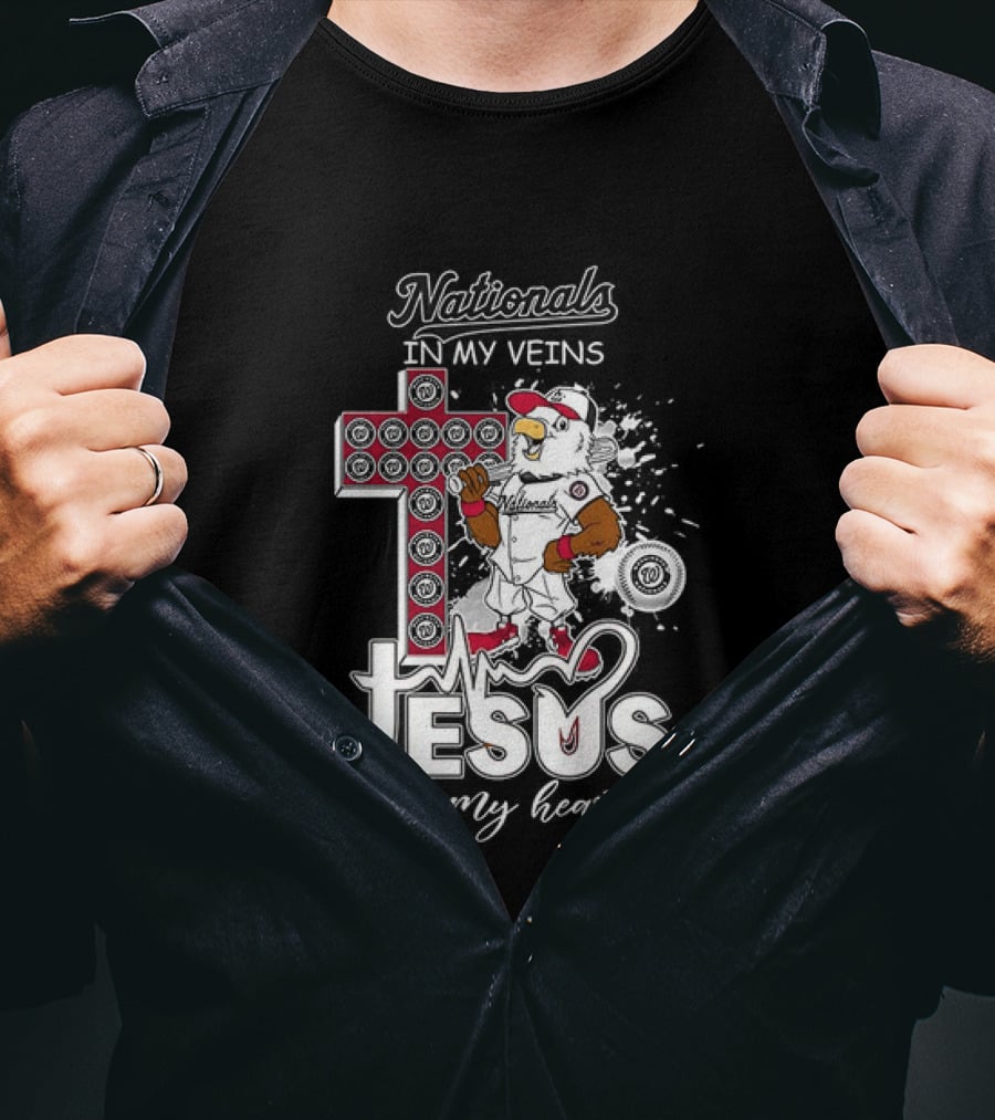 Nationals In My Veins Jesus In My Heart Baseball Cross Christian T-Shirt