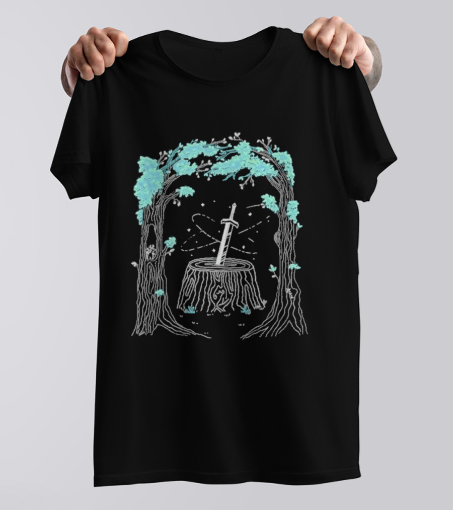 Mythical Golden Sword In Stone Amid Enchanted Forest Mythicality 2026 T-Shirt
