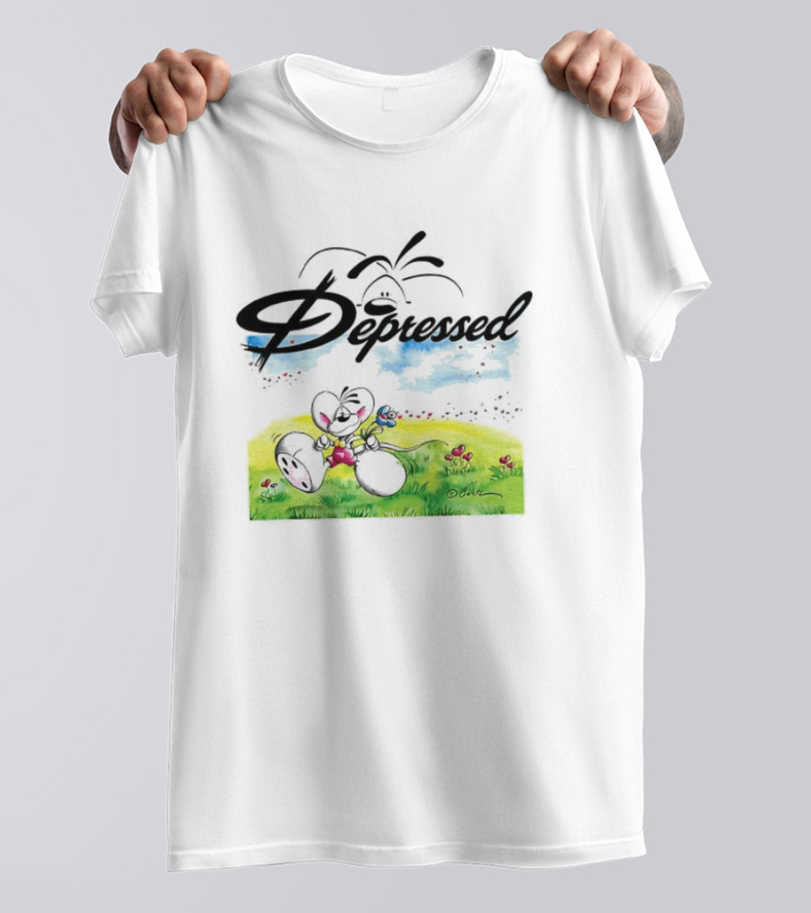 Depressed Diddl White Gerbil Cartoon In Spring Meadow T-Shirt