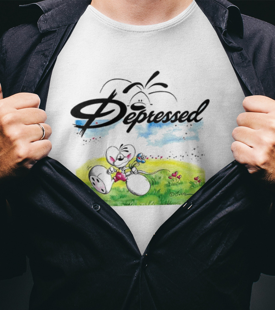 Depressed Diddl White Gerbil Cartoon In Spring Meadow T-Shirt