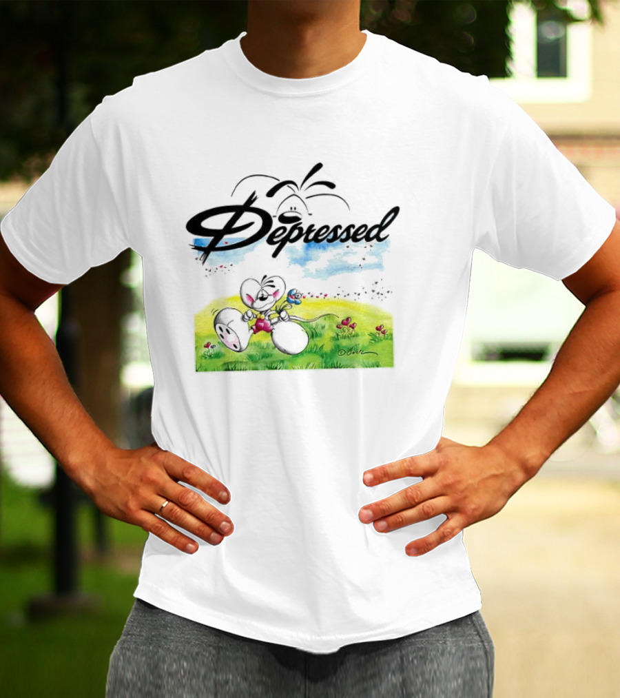 Depressed Diddl White Gerbil Cartoon In Spring Meadow T-Shirt