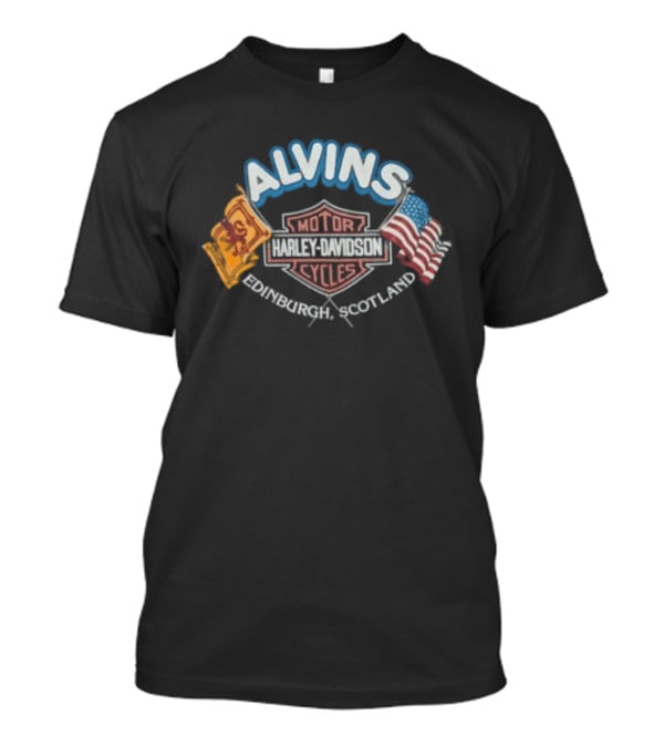 1990s Harley Davidson Alvins Motorcycles Scotland USA Flags T-Shirt