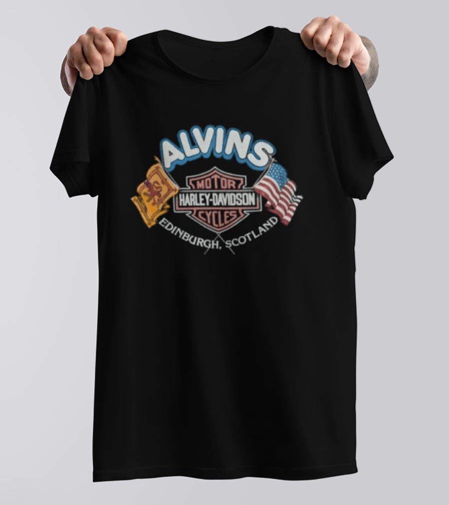 1990s Harley Davidson Alvins Motorcycles Scotland USA Flags T-Shirt