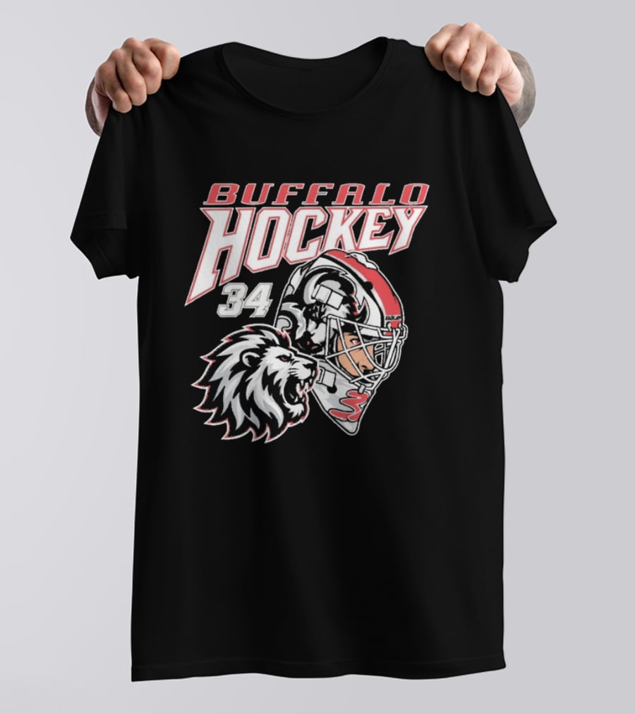 Buffalo Hockey 34 The Lyons Den Lion And Hockey Helmet T-Shirt