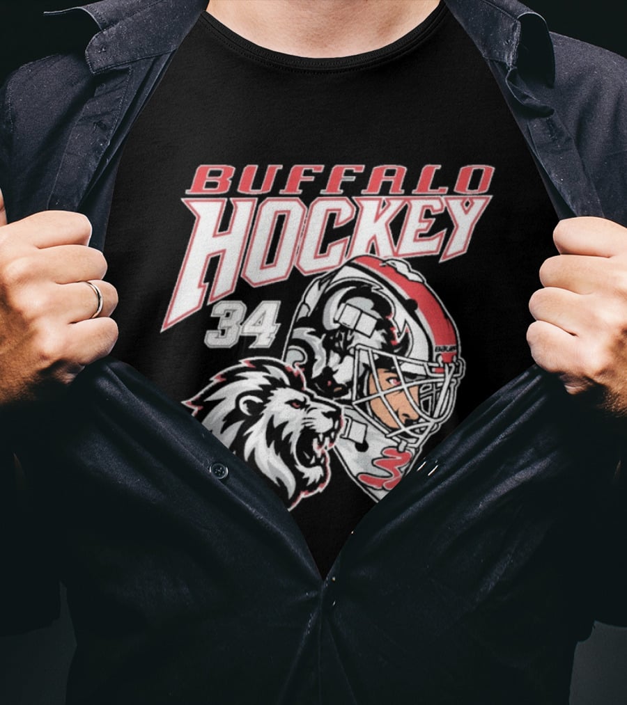 Buffalo Hockey 34 The Lyons Den Lion And Hockey Helmet T-Shirt