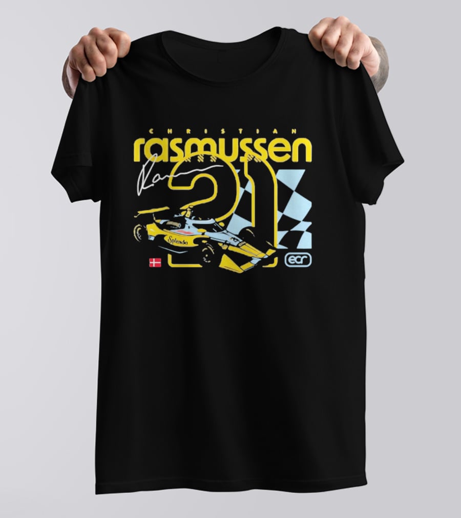 Christian Rasmussen ECR Number 21 Racing Splendor Denmark Flag Checkerboard T-Shirt