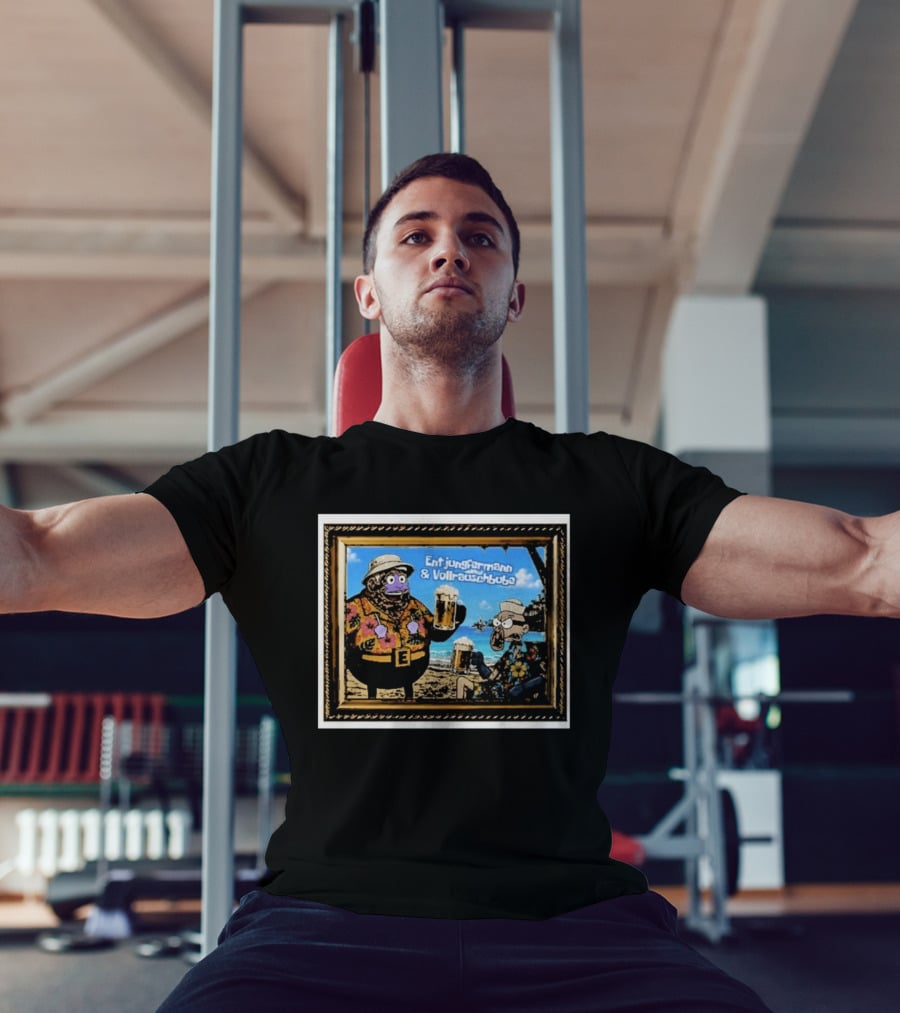 Entjungfermann And Vollrauschbube Tropical Beach Cartoon Characters Cheers With Beer T-Shirt
