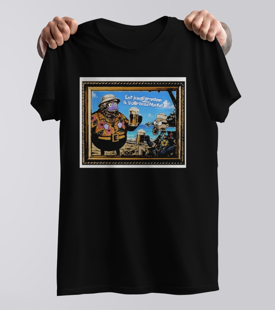 Entjungfermann And Vollrauschbube Tropical Beach Cartoon Characters Cheers With Beer T-Shirt