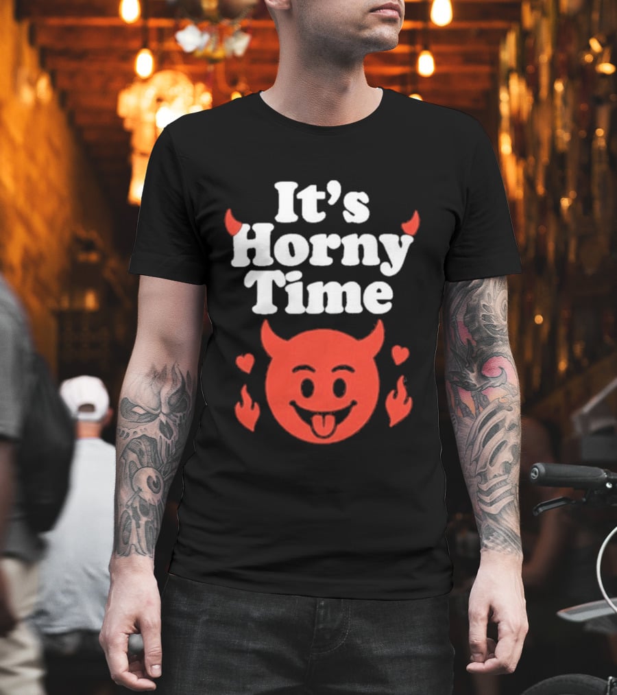 It's Horny Time Devil Red Face With Flames And Hearts T-Shirt