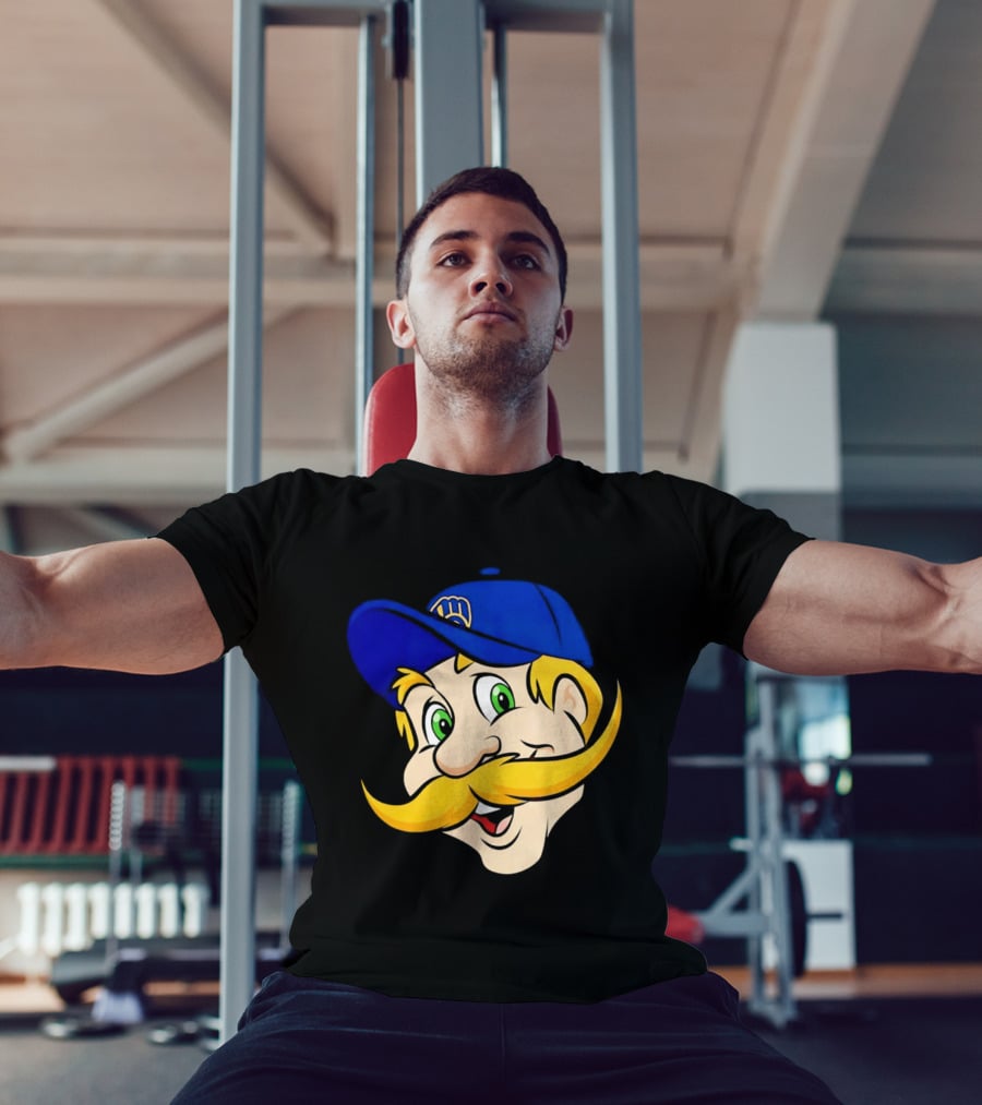 Milwaukee Brewers Big Face Mascot With Blue Cap And Mustache T-Shirt
