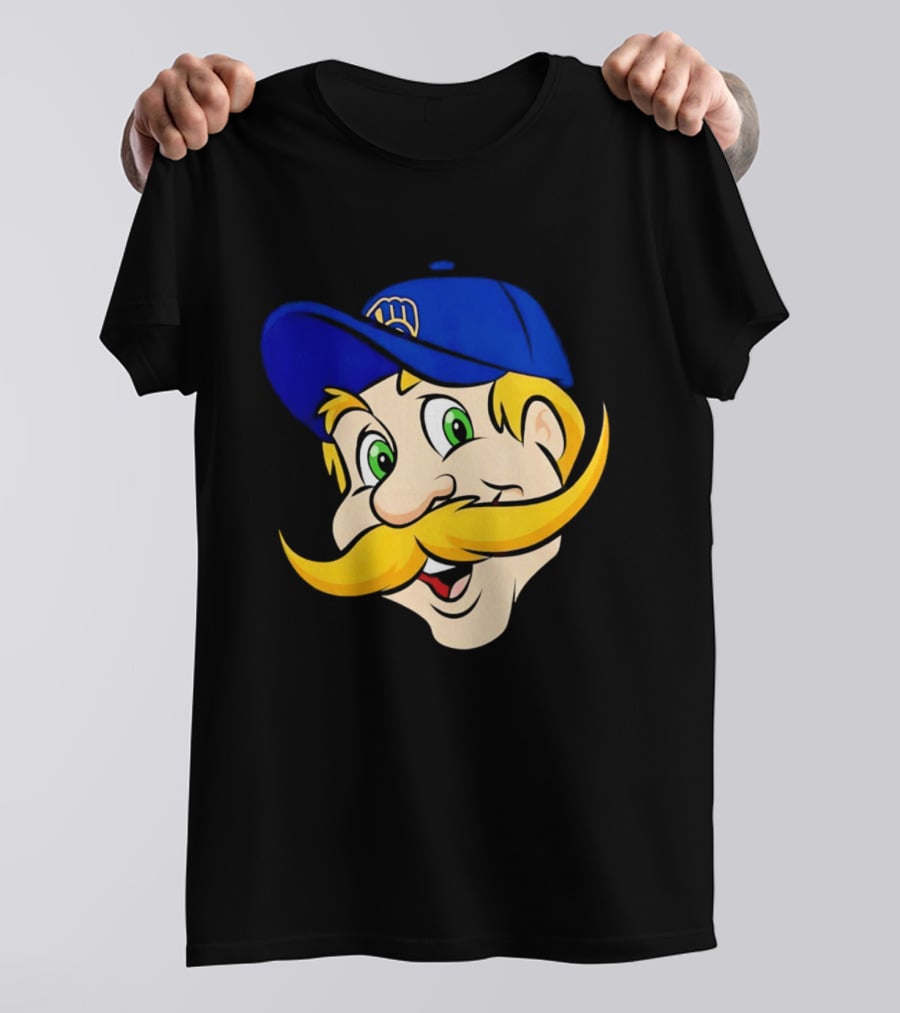Milwaukee Brewers Big Face Mascot With Blue Cap And Mustache T-Shirt