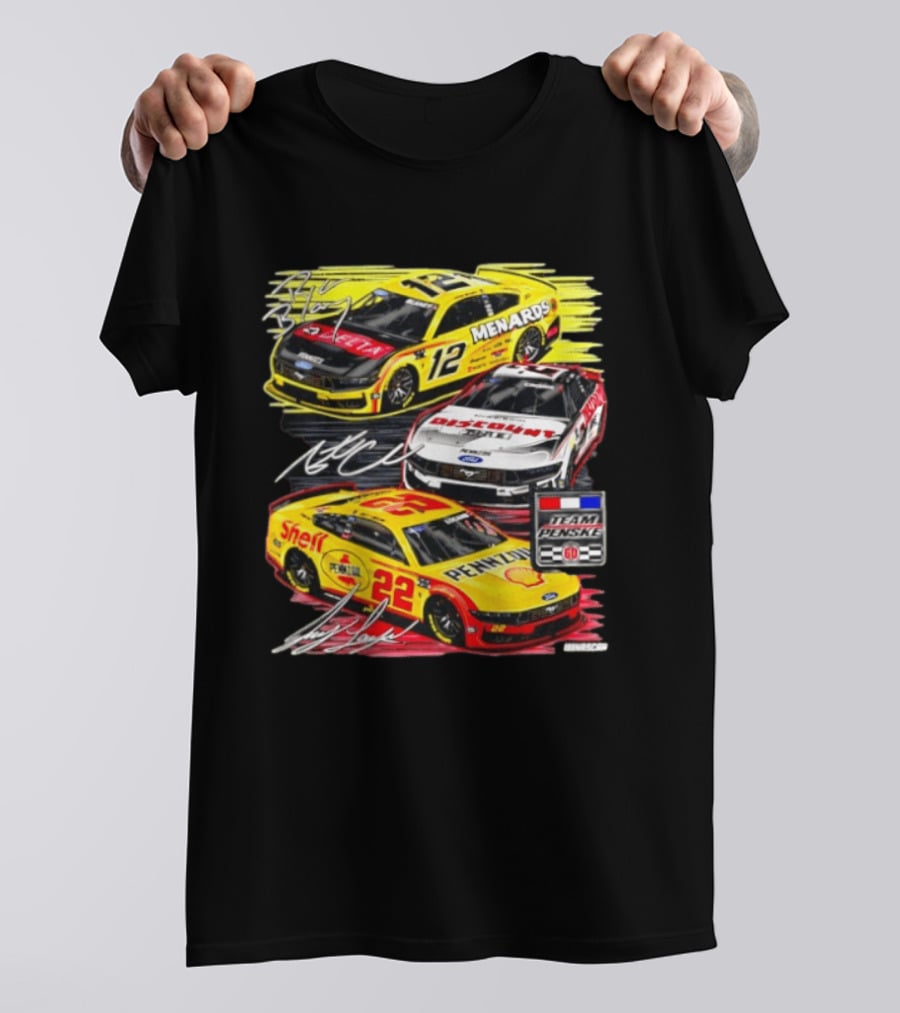 Team Penske 60th Anniversary NASCAR Racing Cars With Menards Shell Pennzoil Discount Tire Sponsors And Driver Signatures T-Shirt