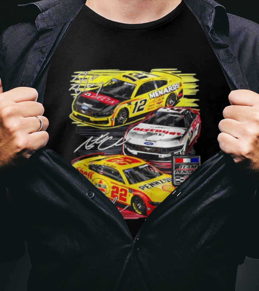 Team Penske 60th Anniversary NASCAR Racing Cars With Menards Shell Pennzoil Discount Tire Sponsors And Driver Signatures T-Shirt