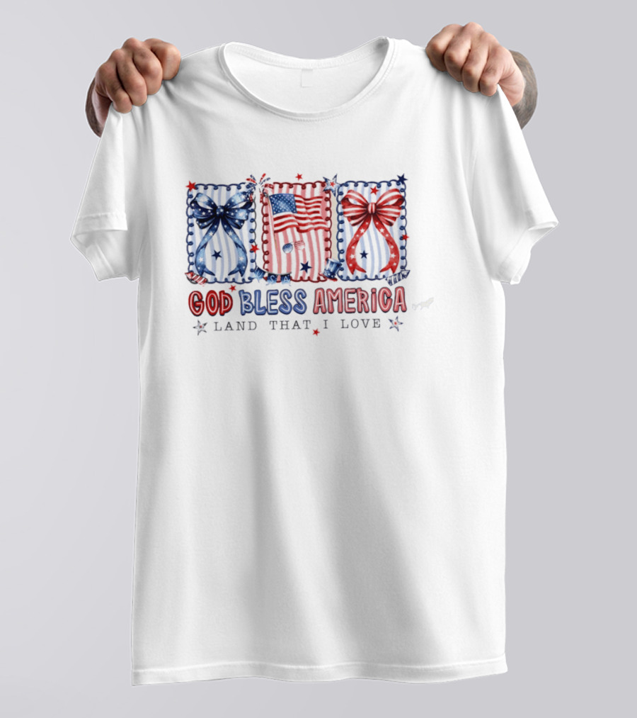 Coquette God Bless America Land That I Love Patriotic Fourth Of July Bows And Flags T-Shirt