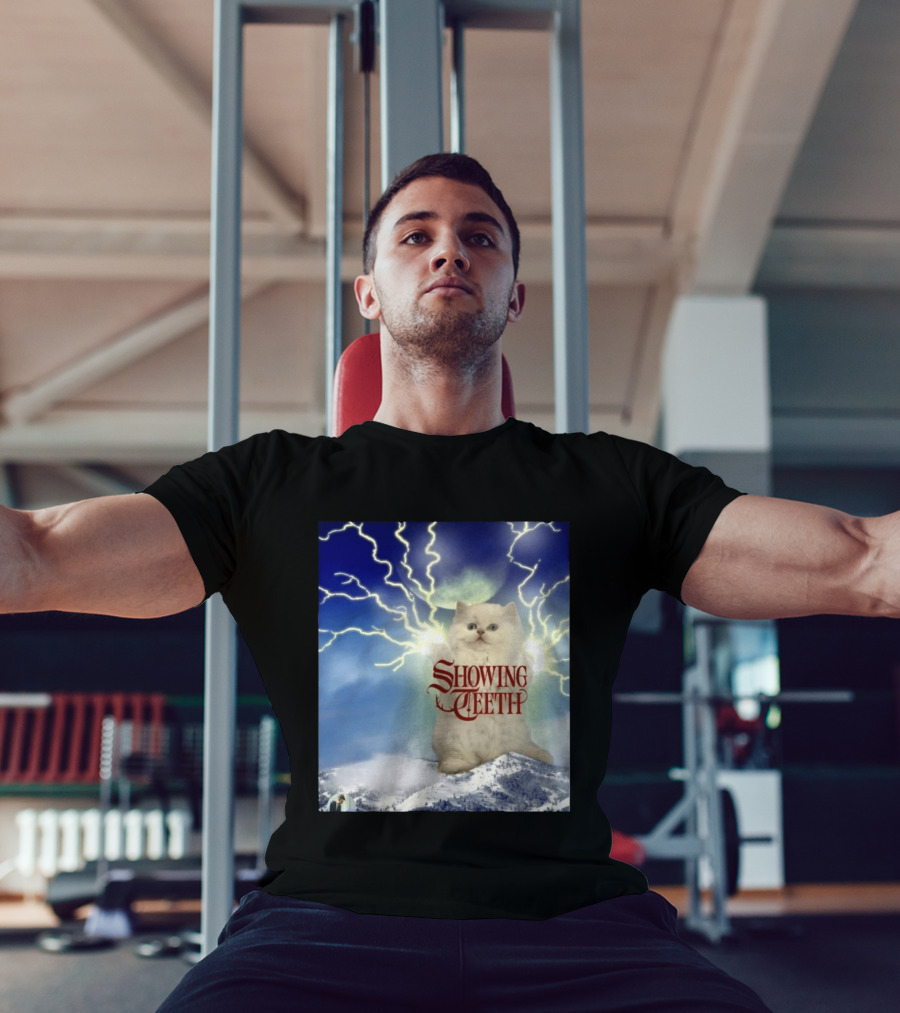 Showing Teeth Cat With Lightning Background In Blue Sky T-Shirt