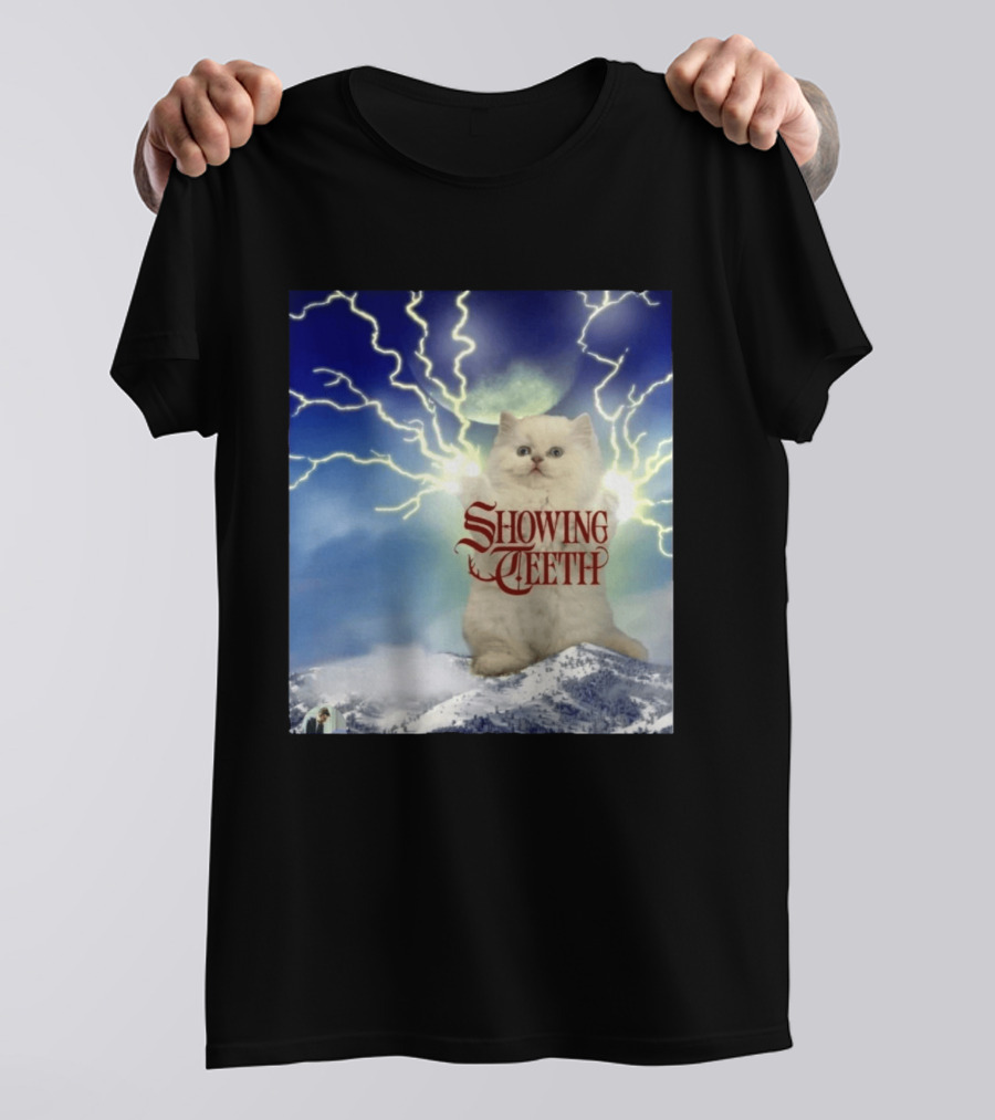 Showing Teeth Cat With Lightning Background In Blue Sky T-Shirt
