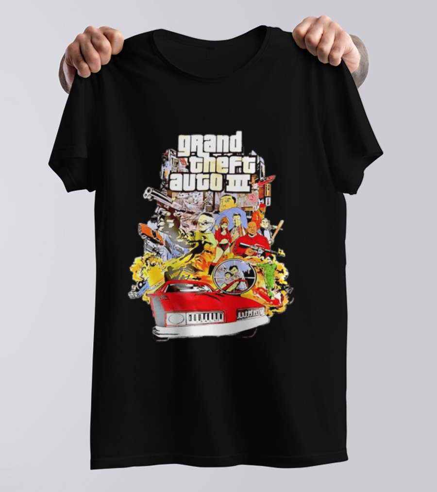 Grand Theft Auto III Characters Action Collage With Iconic Red Car T-Shirt