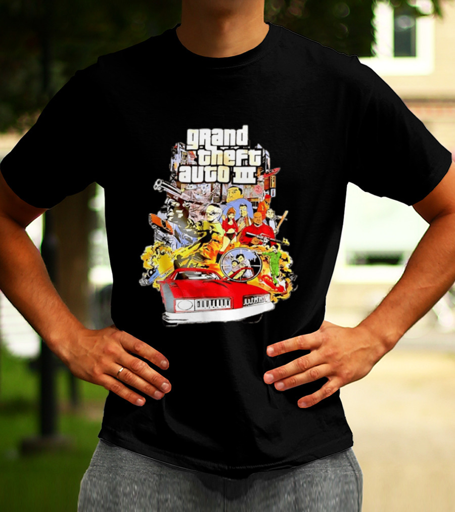 Grand Theft Auto III Characters Action Collage With Iconic Red Car T-Shirt