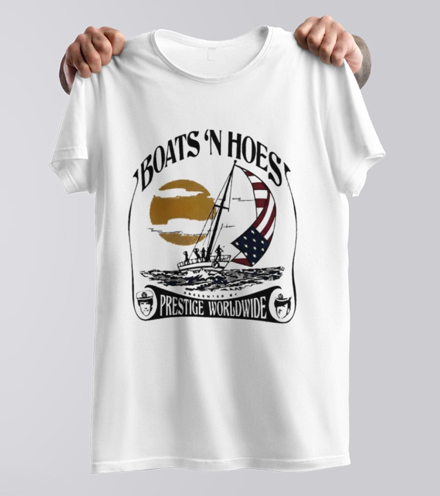 Boats N Hoes Prestige Worldwide USA Flag Sailing Sun Ocean T-Shirt