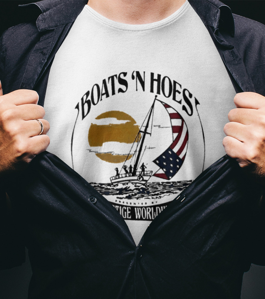 Boats N Hoes Prestige Worldwide USA Flag Sailing Sun Ocean T-Shirt