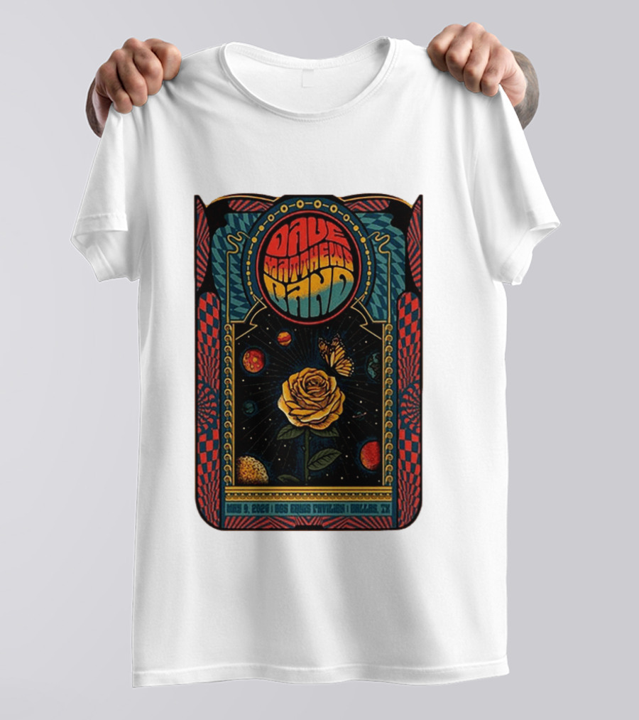 Dave Matthews Band May 9 2026 Dos Equis Pavilion Dallas TX Retro Psychedelic Butterfly Rose Planet T-Shirt