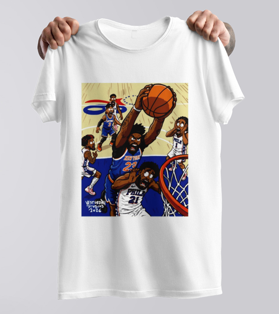 New York Knicks Mitchell Robinson Dunking On Philadelphia Joel Embiid Caricature 2026 Basketball Action T-Shirt