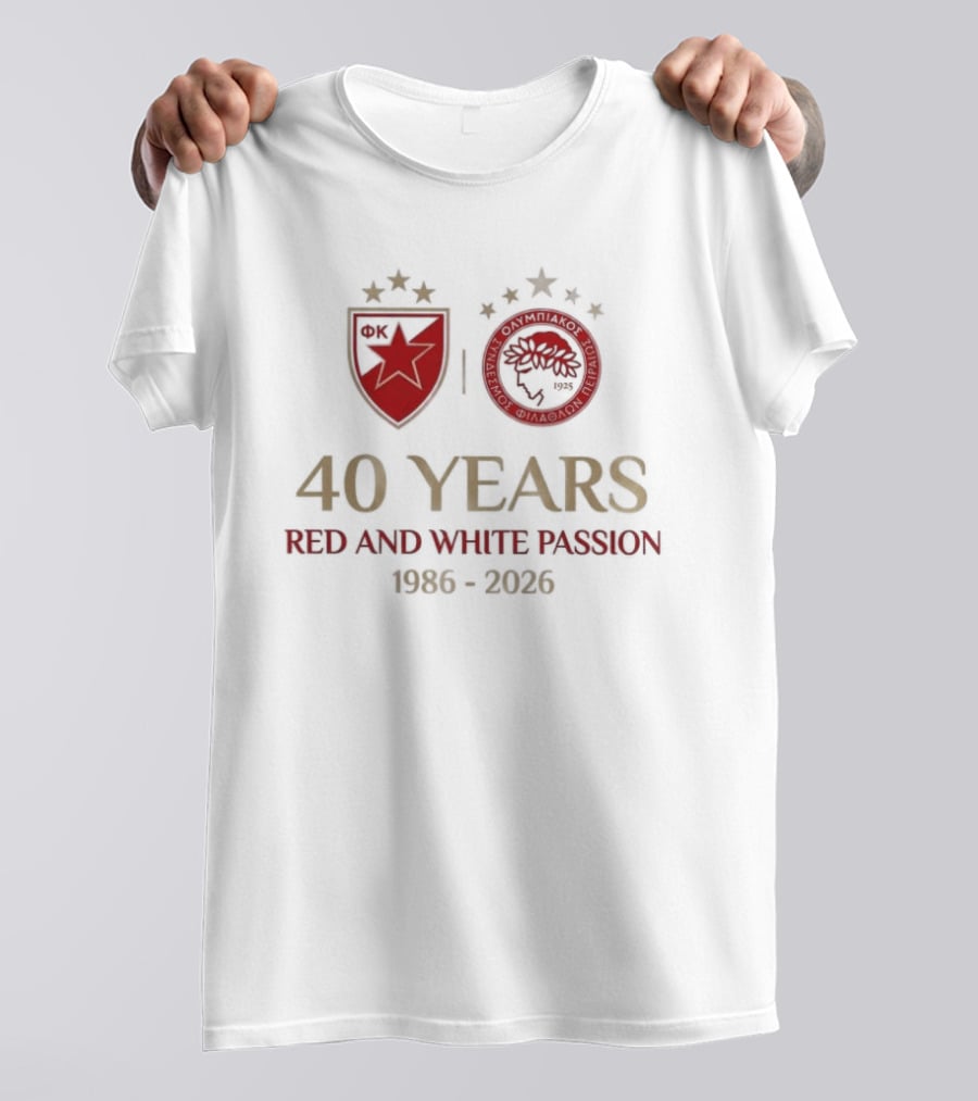 Olympiacos FC 40 Years Red And White Passion 1986 2026 T-Shirt