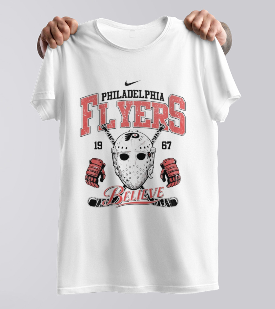 Philadelphia Flyers 1967 Believe Hockey Mask And Gloves T-Shirt
