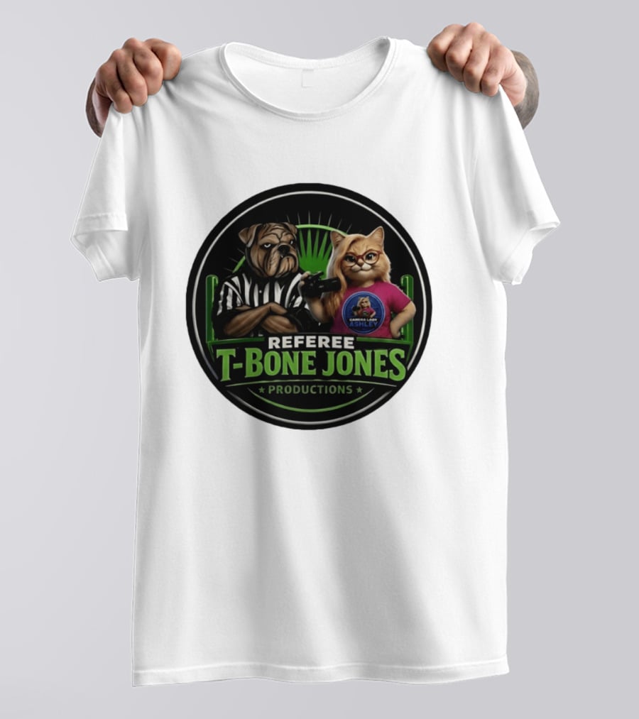 Referee Bone Jones Productions Light Blue Gaming Ashley Bulldog Cat T-Shirt
