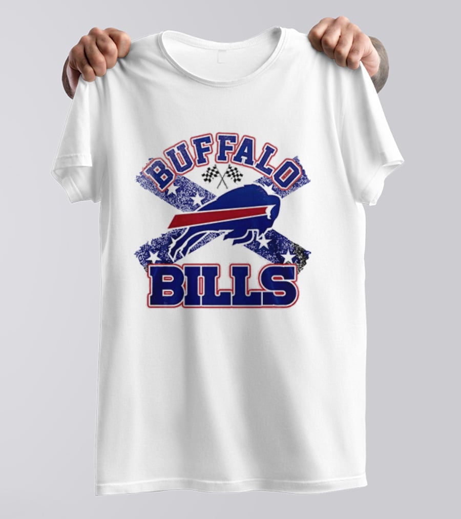 Buffalo Bills Caricature With Flag And Crossed Checkered Flags T-Shirt