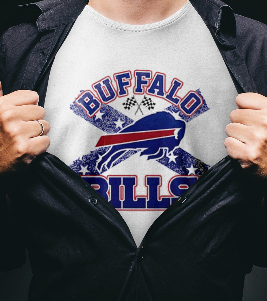 Buffalo Bills Caricature With Flag And Crossed Checkered Flags T-Shirt