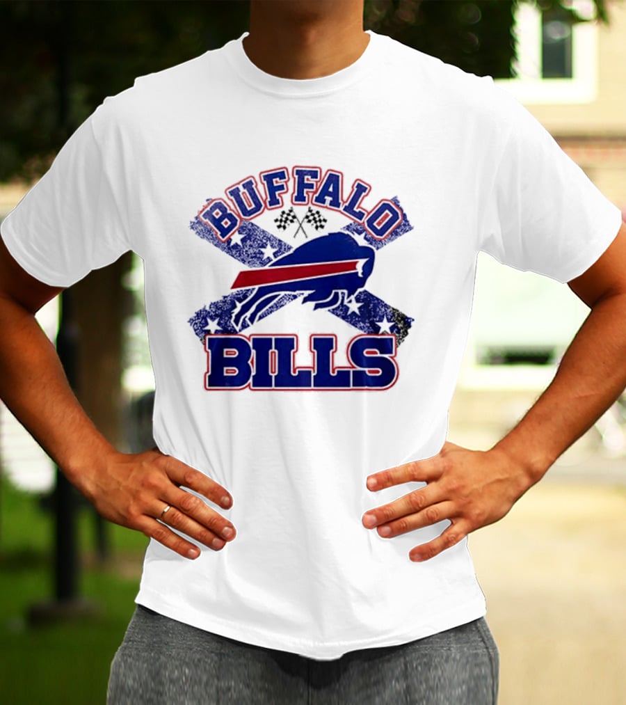 Buffalo Bills Caricature With Flag And Crossed Checkered Flags T-Shirt