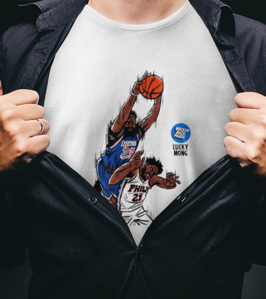 Knicks Vs 76ers Game 4 Iconic Moment Joel Embiid Mitchell Robinson NBA Matchup T-Shirt