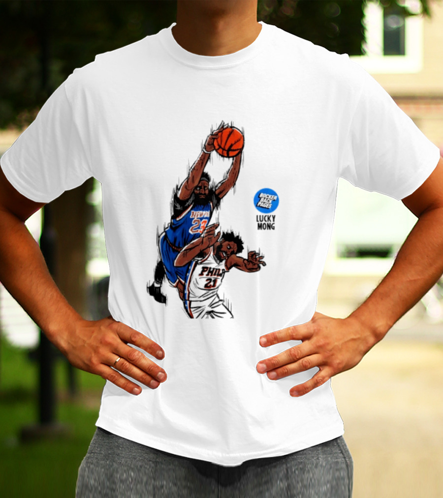 Knicks Vs 76ers Game 4 Iconic Moment Joel Embiid Mitchell Robinson NBA Matchup T-Shirt