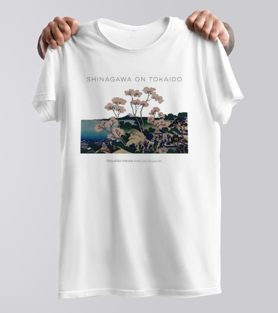 Shinagawa On Tokaido Katsushika Hokusai Cherry Blossoms And Travelers In Edo Period Japan T-Shirt