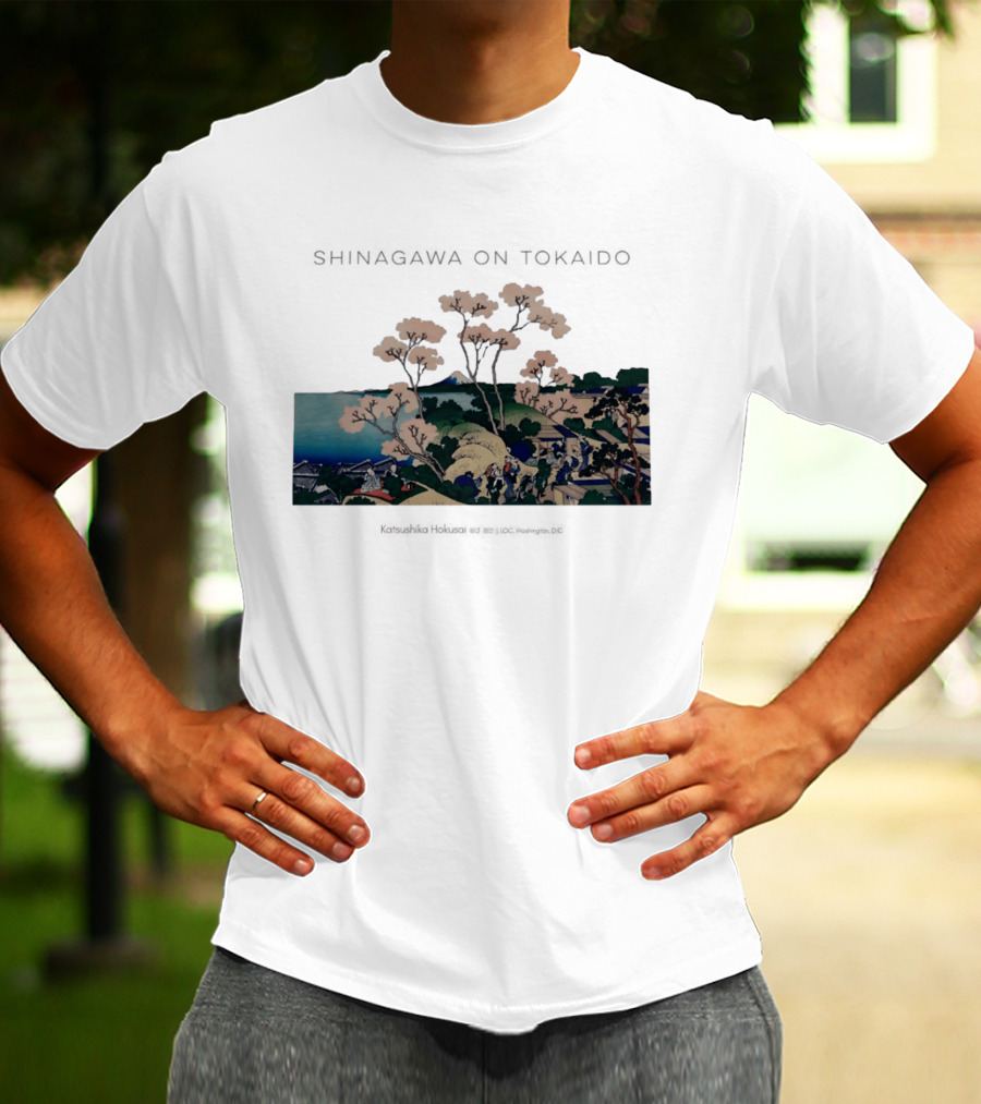 Shinagawa On Tokaido Katsushika Hokusai Cherry Blossoms And Travelers In Edo Period Japan T-Shirt