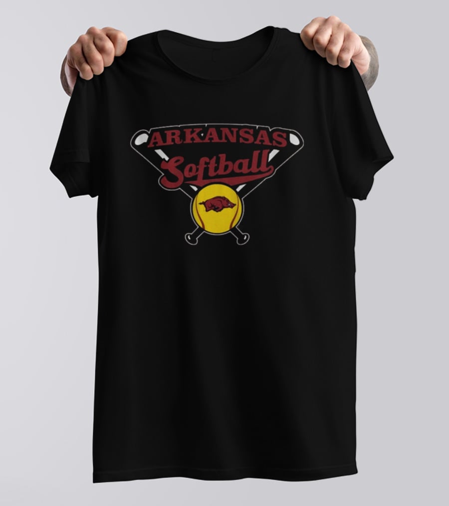 Arkansas Softball Crossed Bats Razorbacks Yellow Ball T-Shirt