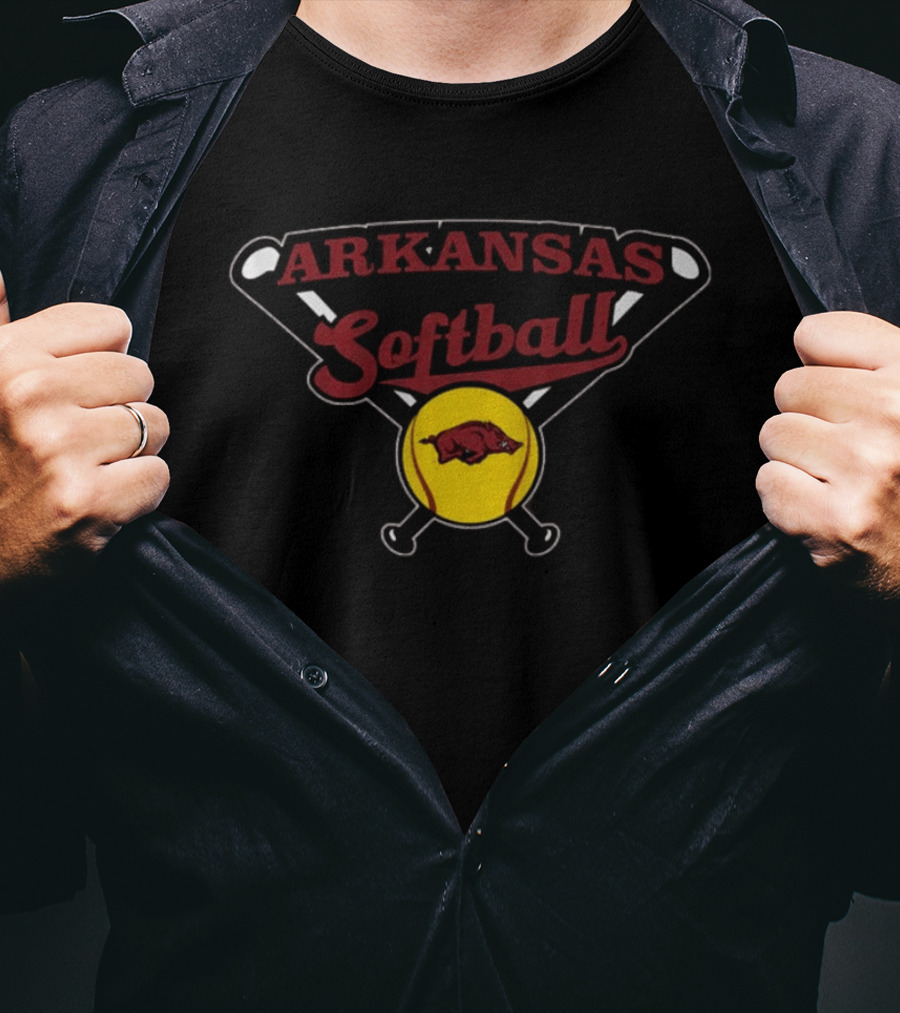 Arkansas Softball Crossed Bats Razorbacks Yellow Ball T-Shirt