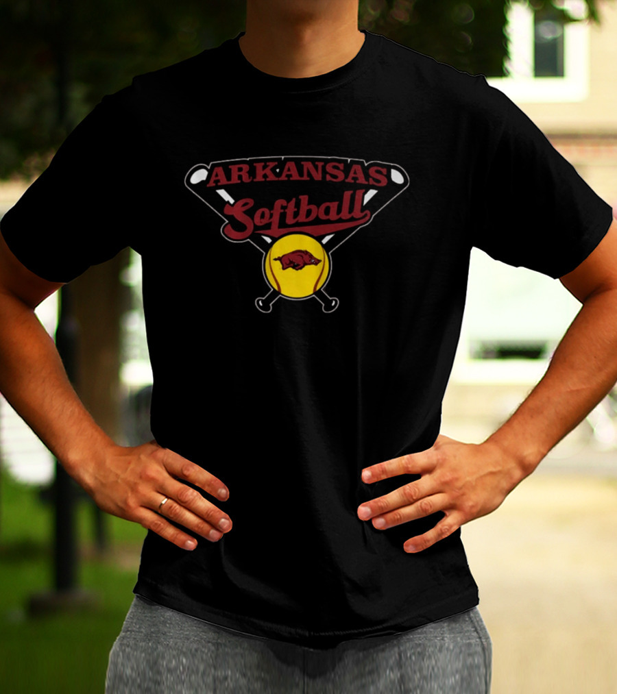 Arkansas Softball Crossed Bats Razorbacks Yellow Ball T-Shirt